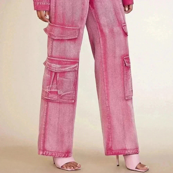 Pink Casual Womens Flap Pocket Cargo Jeans - Picture 4 of 4